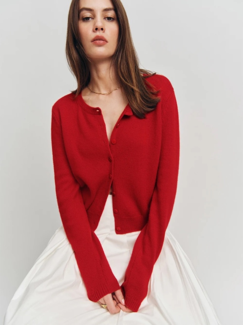 Reformation Clara Cashmere Crew Cardigan in Cherry, Size M